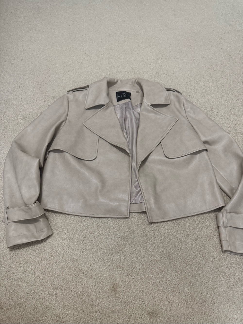 bagatelle Taupe Cropped Faux Leather Trench Jacket